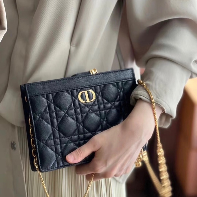 Dior Caro 黑金藤格紋 荔枝牛皮鏈條包 19*14*3 98新配件塵袋-1
