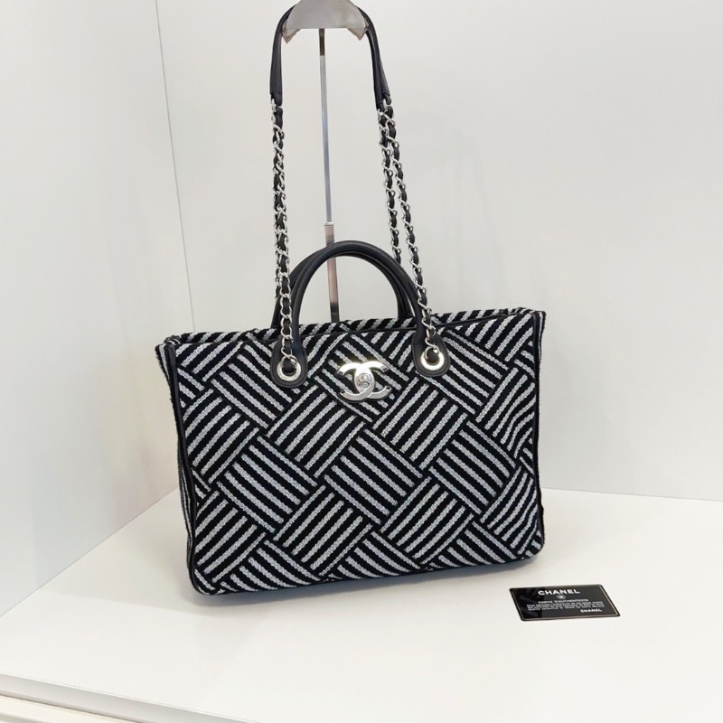 Chanel黑白條紋拼接菱格  2way鏈條托特包 沙灘包 33*24*12  98新配件保卡塵袋-2
