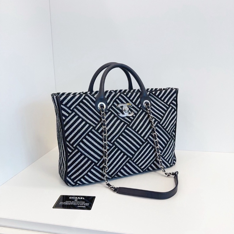 Chanel黑白條紋拼接菱格  2way鏈條托特包 沙灘包 33*24*12  98新配件保卡塵袋-4
