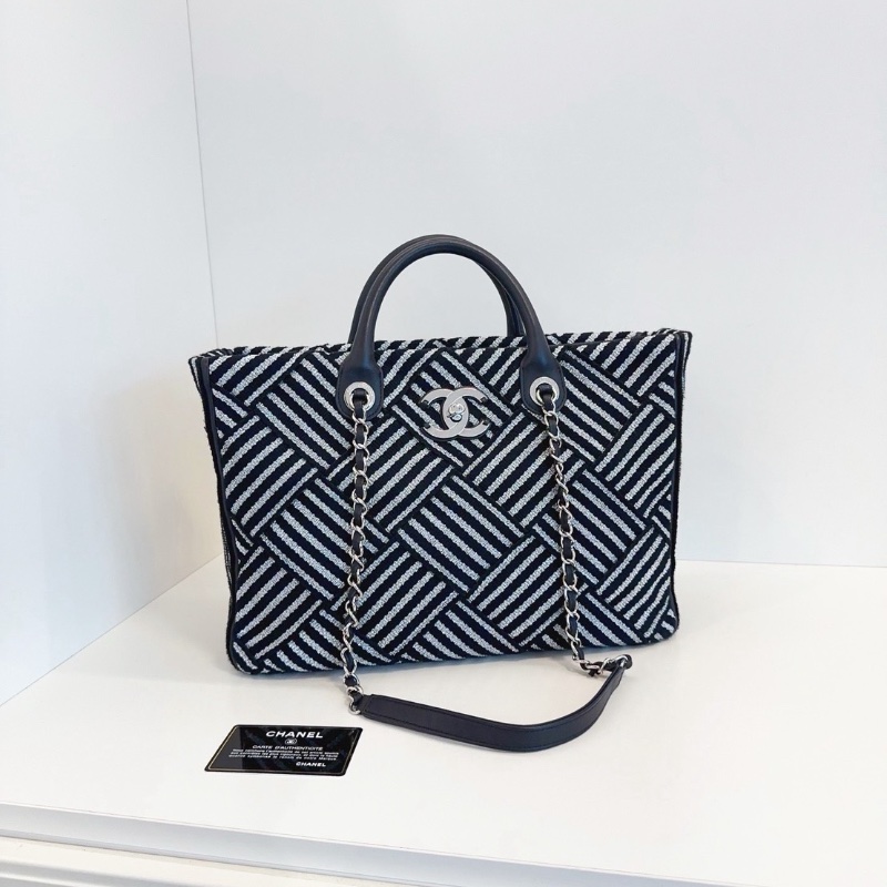 Chanel黑白條紋拼接菱格  2way鏈條托特包 沙灘包 33*24*12  98新配件保卡塵袋-6