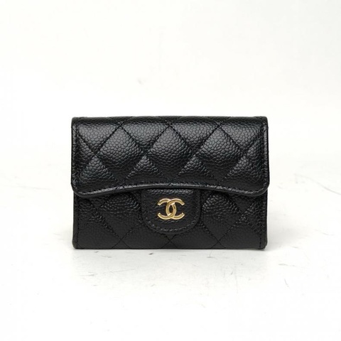 CHANEL CF短款口蓋錢包無後拉鏈11.5cm黑色荔枝牛皮鐳射標金扣