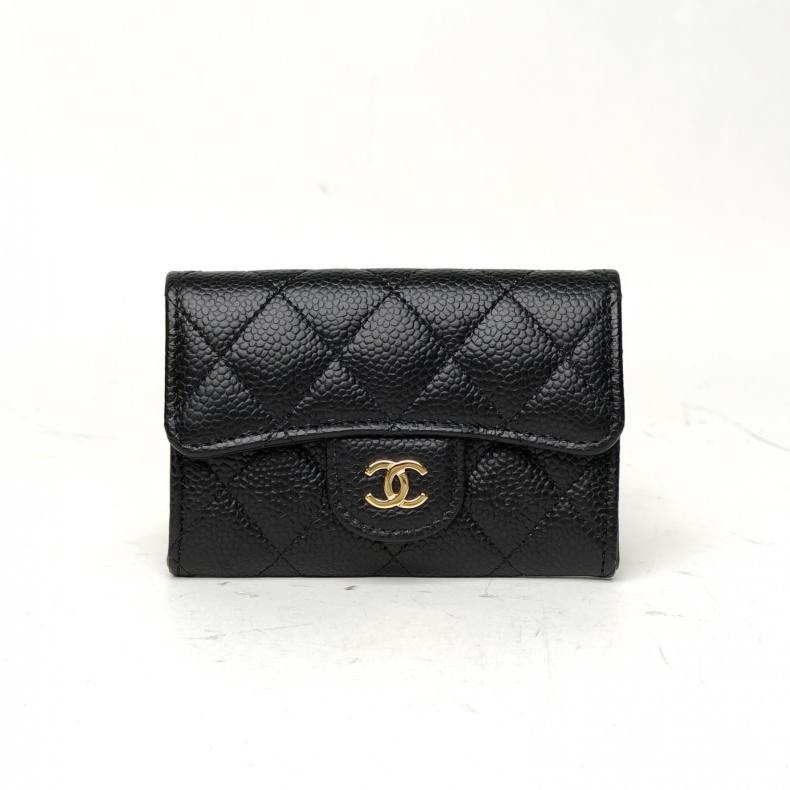 CHANEL CF短款口蓋錢包無後拉鏈11.5cm黑色荔枝牛皮鐳射標金扣-0