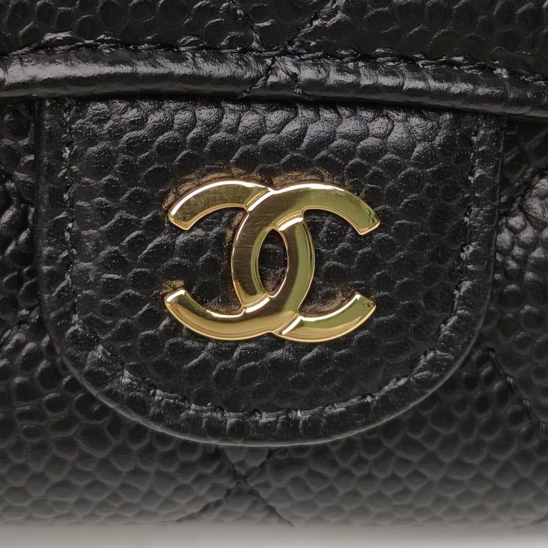 CHANEL CF短款口蓋錢包無後拉鏈11.5cm黑色荔枝牛皮鐳射標金扣-4