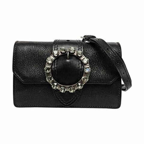 Miu Miu My Miu 黑色牛皮鑲嵌單肩包手拿包斜挎包銀色五金可拆卸肩帶