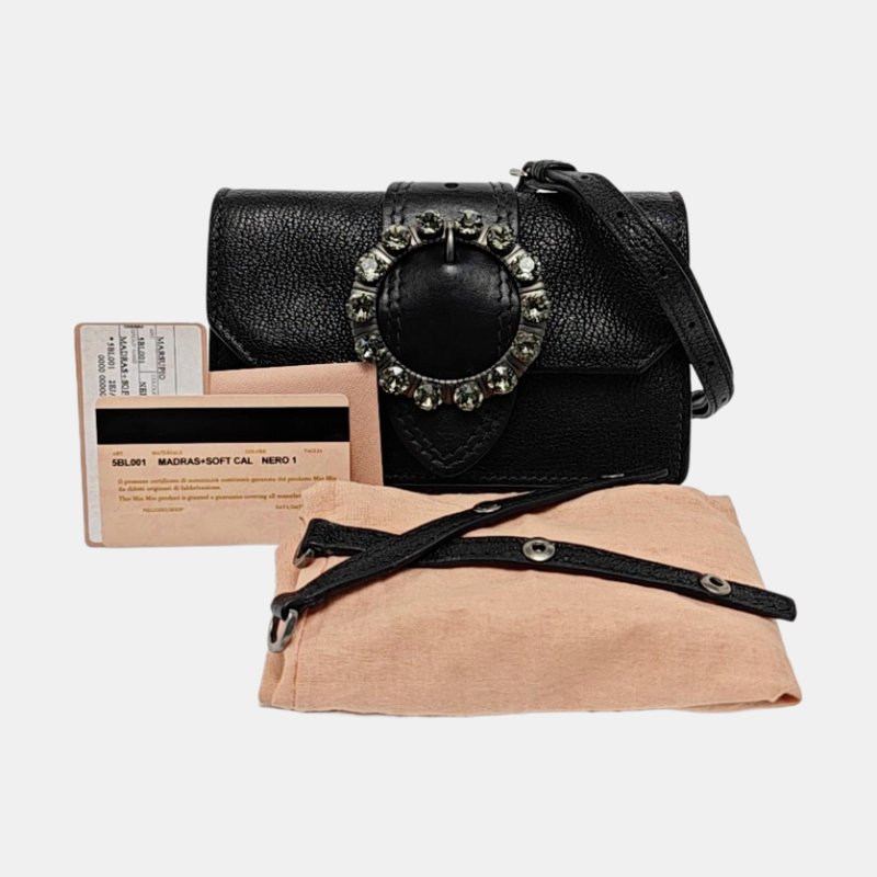 Miu Miu My Miu 黑色牛皮鑲嵌單肩包手拿包斜挎包銀色五金可拆卸肩帶-7