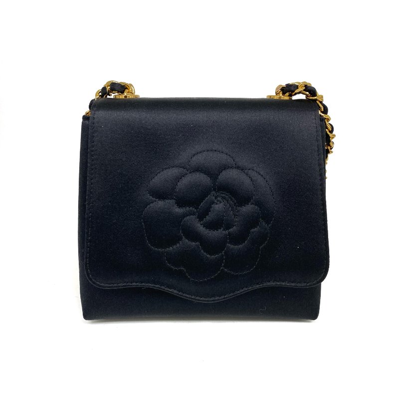 △ Chanel 香奈兒 Black Satin Gold Tone Metal Camellia Chain Handbag No.4 黑色緞面金色金屬山茶花鏈條手袋 No.4 -257027716-1