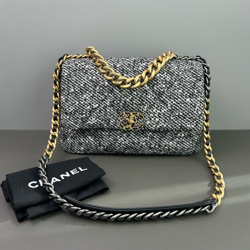 Chanel 19bag大號牛皮毛呢菱格皮穿鏈條雙C鎖扣肩背斜背手提包 芯片款30*21*9 98新配件塵袋-1