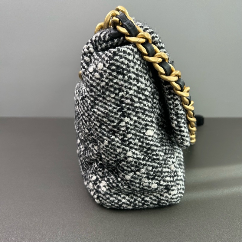 Chanel 19bag大號牛皮毛呢菱格皮穿鏈條雙C鎖扣肩背斜背手提包 芯片款30*21*9 98新配件塵袋-3
