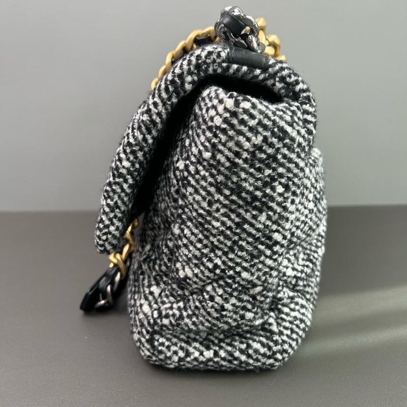 Chanel 19bag大號牛皮毛呢菱格皮穿鏈條雙C鎖扣肩背斜背手提包 芯片款30*21*9 98新配件塵袋-5