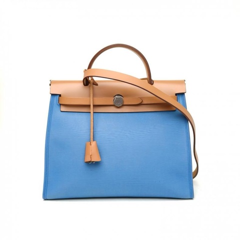 HERMES Herbag31黃褐色拼伊茲密爾藍帆布/牛皮框N銀扣肩背包