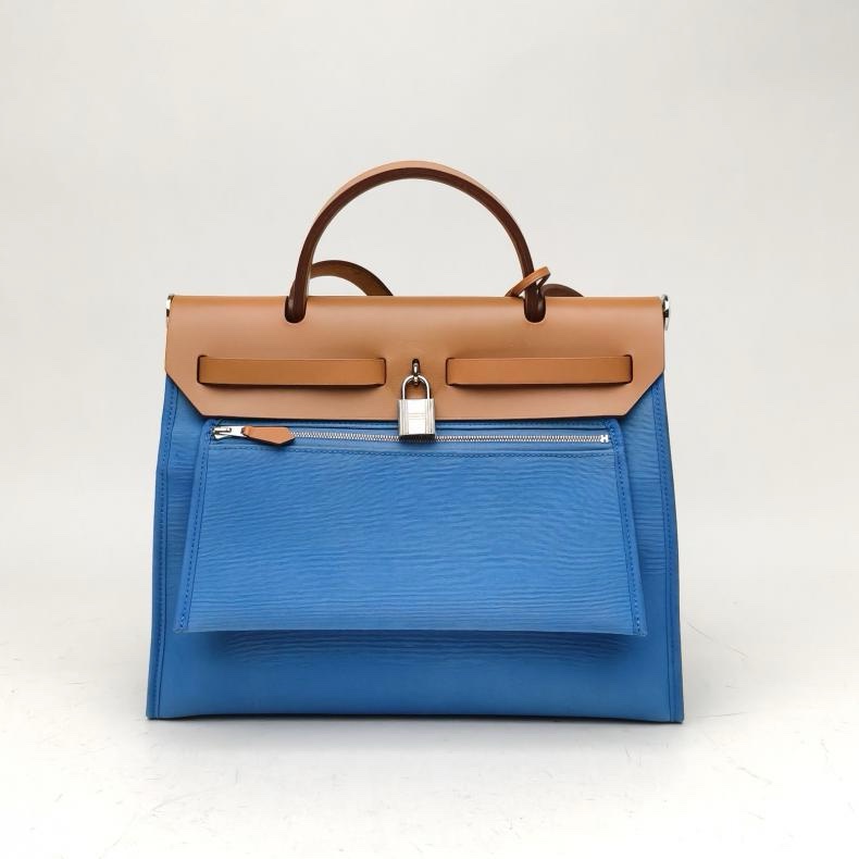 HERMES Herbag31黃褐色拼伊茲密爾藍帆布/牛皮框N銀扣肩背包-2