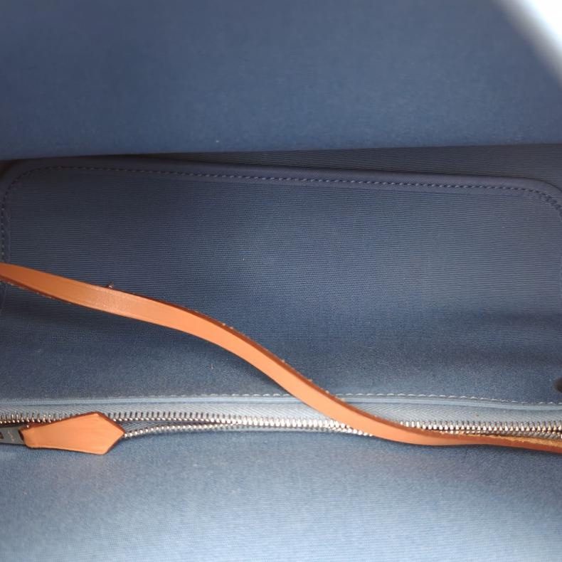 HERMES Herbag31黃褐色拼伊茲密爾藍帆布/牛皮框N銀扣肩背包-5