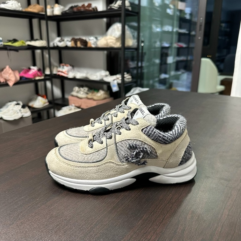 Chanel香奈兒毛呢徽標熊貓運動鞋 白灰色 36碼-0