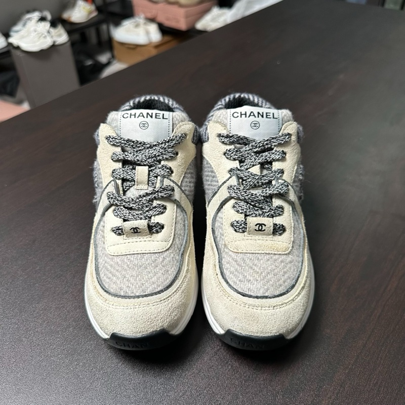 Chanel香奈兒毛呢徽標熊貓運動鞋 白灰色 36碼-1