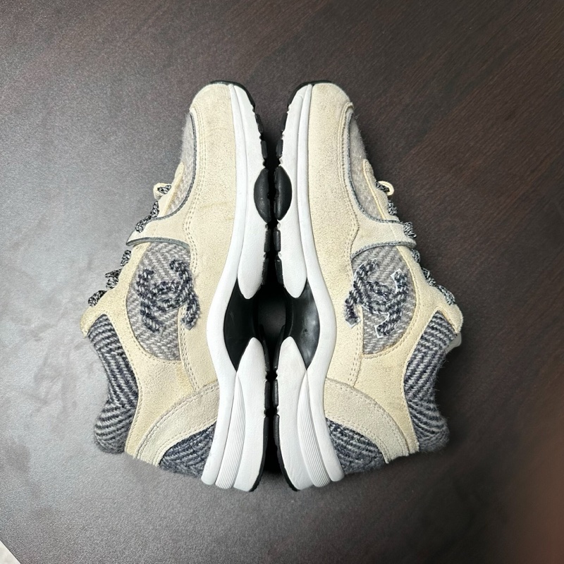 Chanel香奈兒毛呢徽標熊貓運動鞋 白灰色 36碼-3