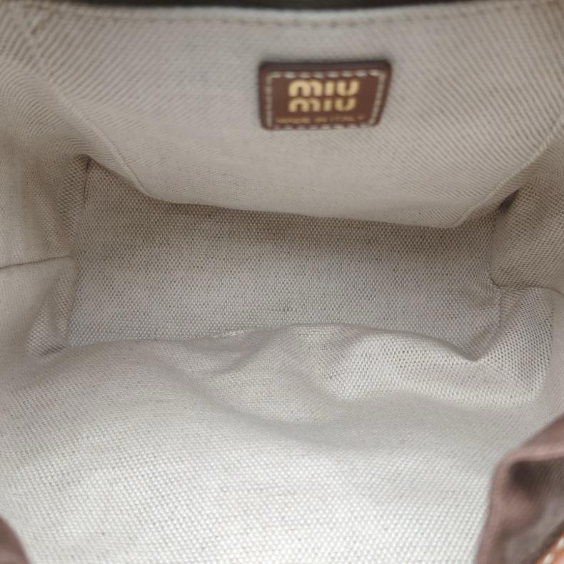 MIUMIU 字母徽標標識拼皮革雙肩包小號棕色帆布-5