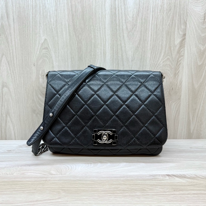 CHANEL黑銀羊皮BOY三層斜背包A65442-0