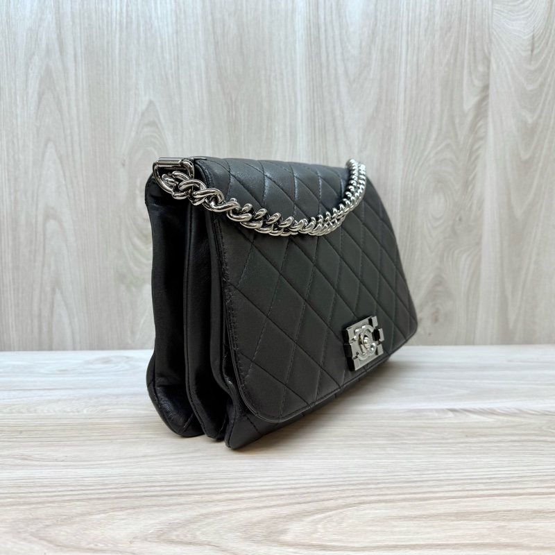 CHANEL黑銀羊皮BOY三層斜背包A65442-3