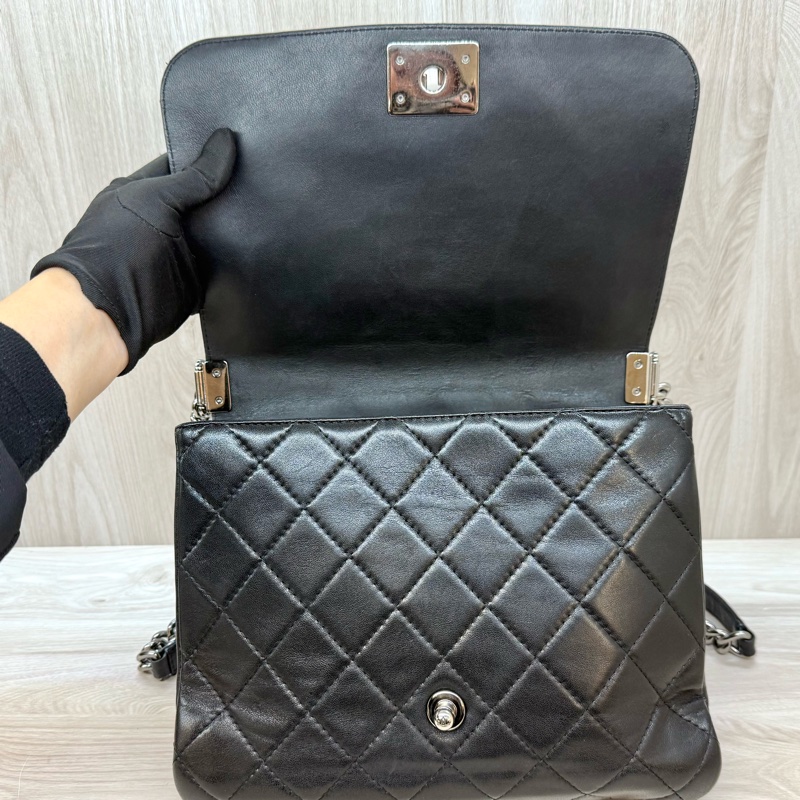 CHANEL黑銀羊皮BOY三層斜背包A65442-12