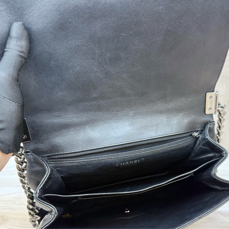 CHANEL黑銀羊皮BOY三層斜背包A65442-13