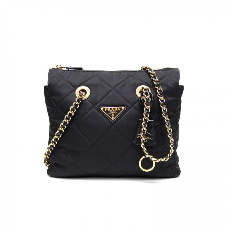 PRADA Chaine再生尼龍托特包黑色尼龍金扣肩背包-0