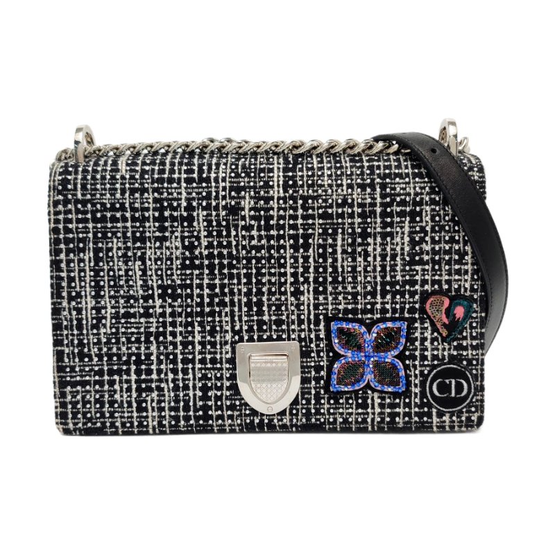 DIOR黑色織物拼貼盾牌包單肩包斜挎包銀色五金可拆卸肩帶-0