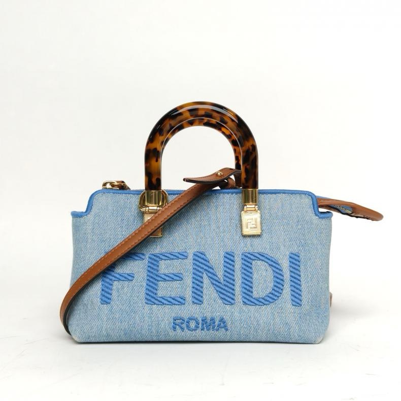 FENDI BYTHEWAYMINI牛仔藍金扣肩背包-0