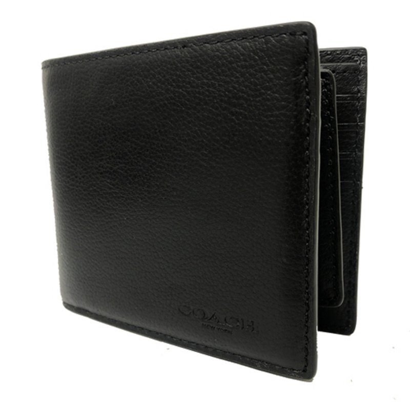 【全新】COACH 男款素面牛皮8卡附活動證件夾短夾(黑)-1
