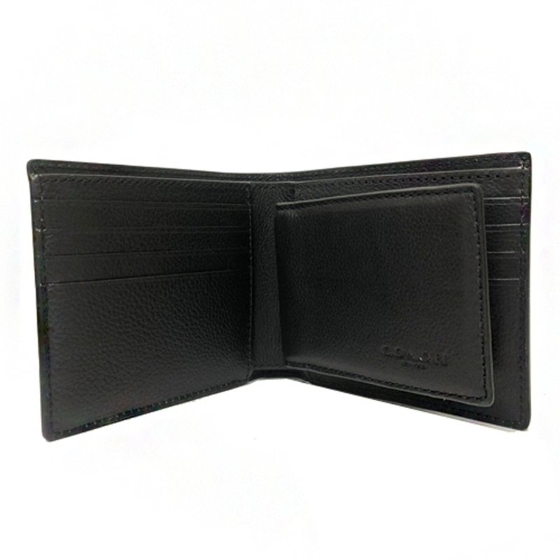 【全新】COACH 男款素面牛皮8卡附活動證件夾短夾(黑)-3