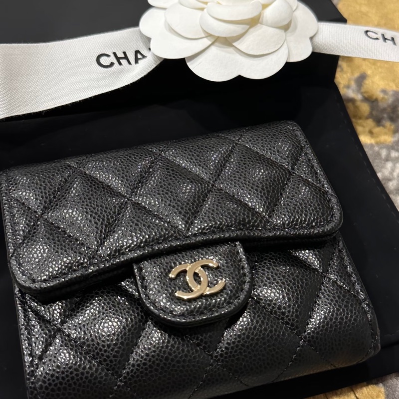 Chanel 全新錢包 日本票 三折錢包 黑金荔枝皮-0