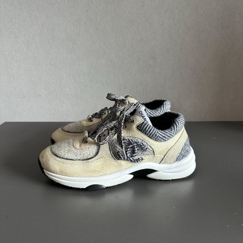 Chanel香奈兒毛呢徽標熊貓運動鞋 白灰色 38.5碼 95新