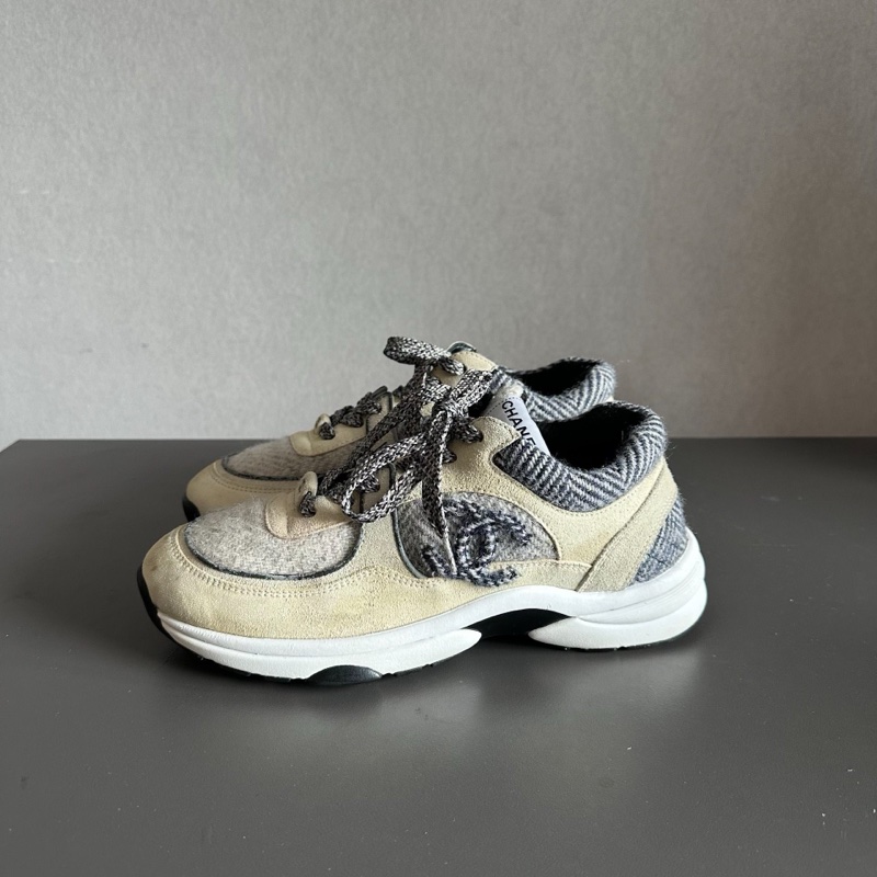 Chanel香奈兒毛呢徽標熊貓運動鞋 白灰色 38.5碼 95新-0