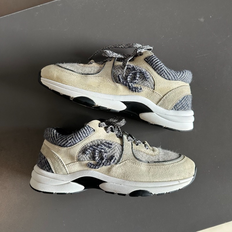 Chanel香奈兒毛呢徽標熊貓運動鞋 白灰色 38.5碼 95新-4