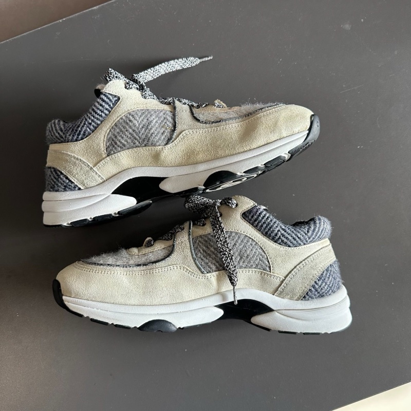 Chanel香奈兒毛呢徽標熊貓運動鞋 白灰色 38.5碼 95新-5