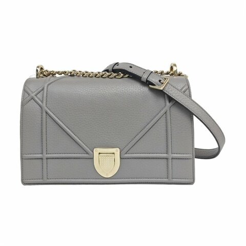 DIOR Diorama中號灰色牛皮藤格紋絎縫戴妃包單肩包斜挎包金色五金可拆卸肩帶9.8新