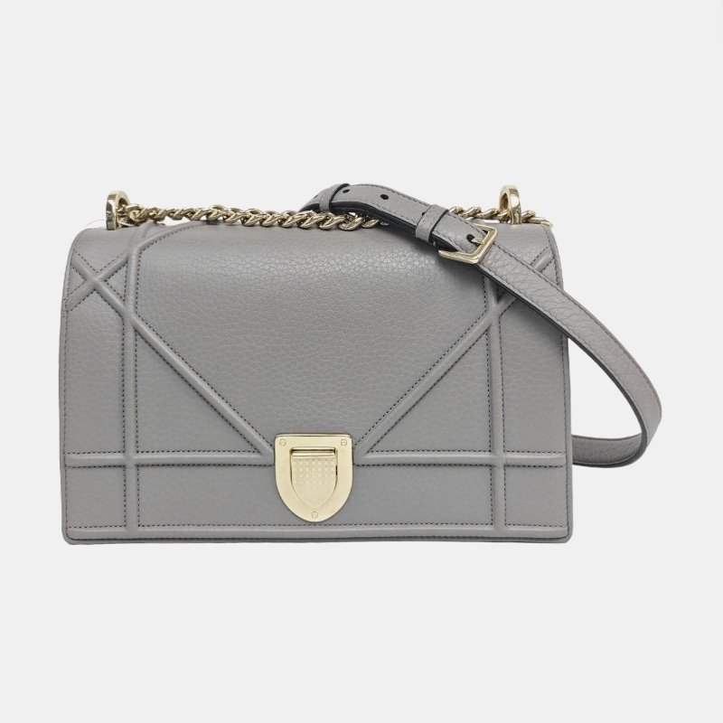 DIOR Diorama中號灰色牛皮藤格紋絎縫戴妃包單肩包斜挎包金色五金可拆卸肩帶9.8新-7