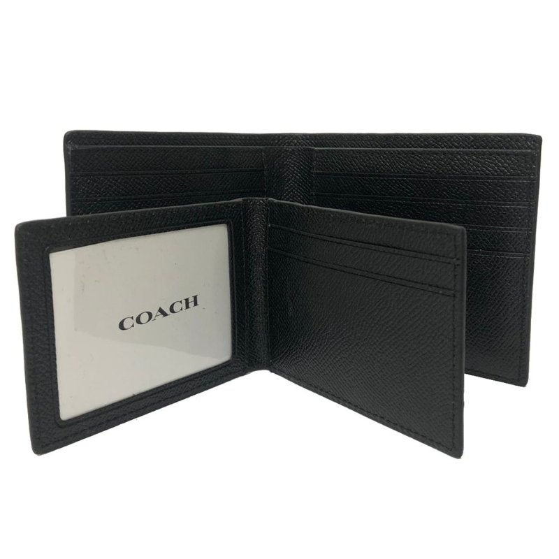 【全新】COACH 防刮牛皮8卡附活動證件夾男款短夾(黑)-5