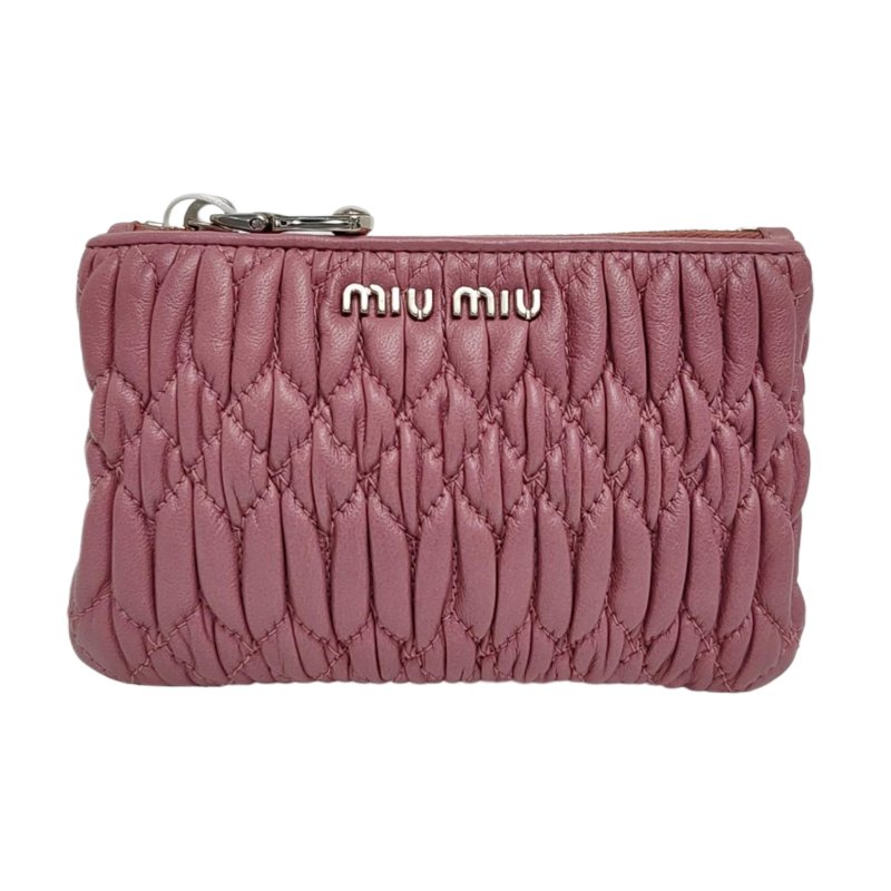 Miu Miu粉色羊皮絎縫零錢包銀色五金-0