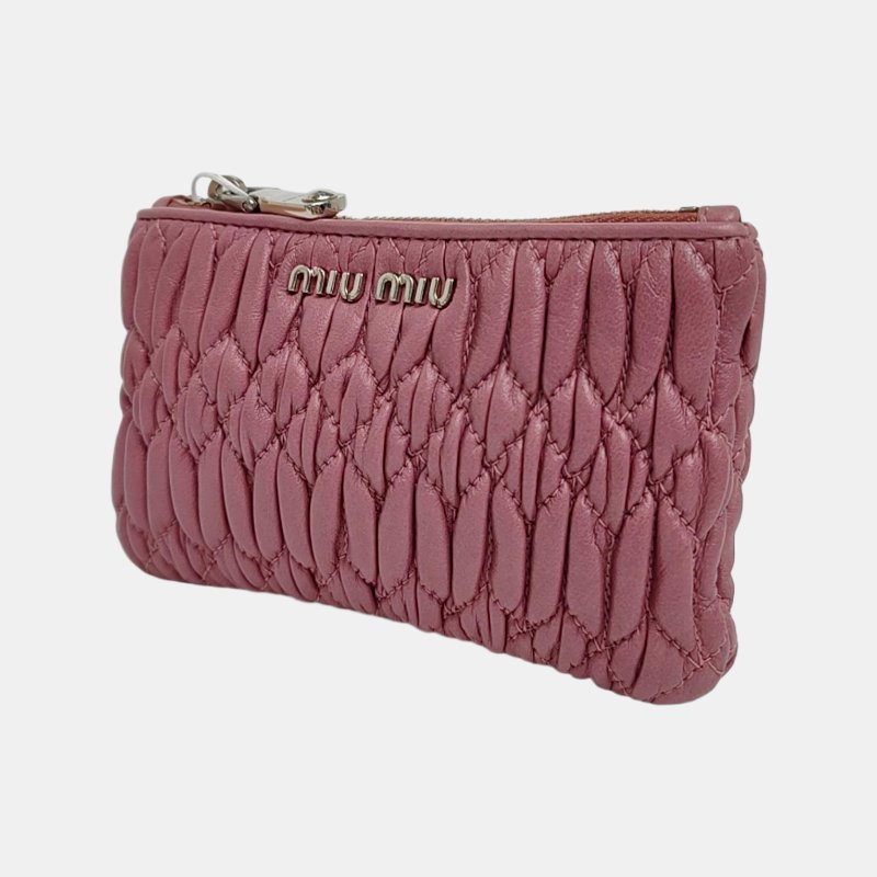 Miu Miu粉色羊皮絎縫零錢包銀色五金-2