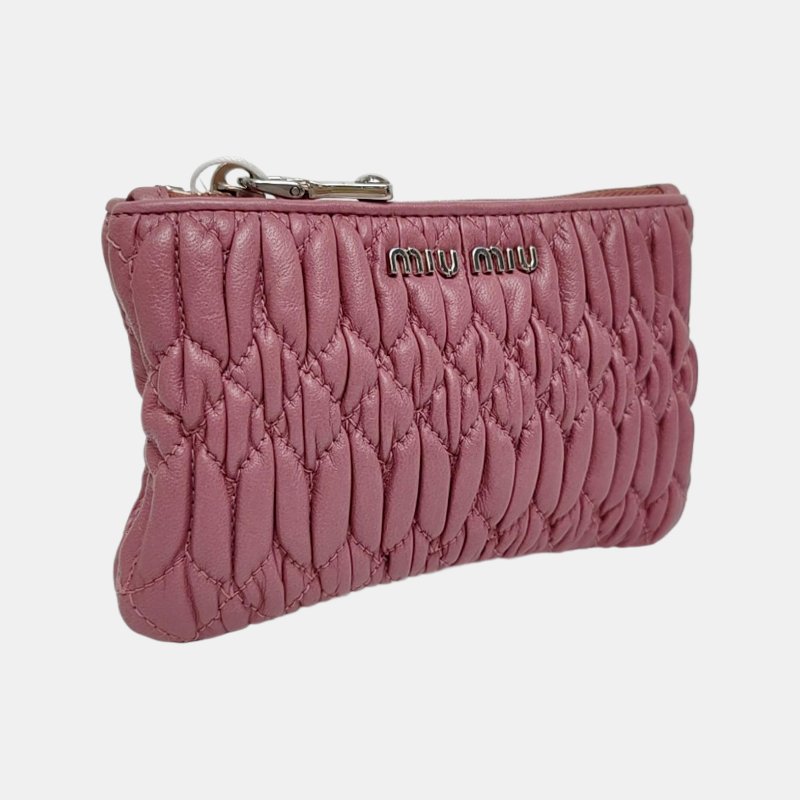 Miu Miu粉色羊皮絎縫零錢包銀色五金-3
