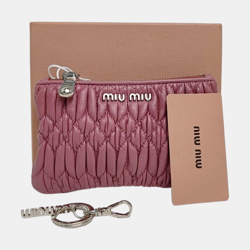 Miu Miu粉色羊皮絎縫零錢包銀色五金-7