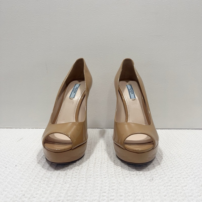 Prada/普拉達裸色漆皮魚嘴高跟鞋，尺寸36.5碼，防水台高2.5cm,鞋跟高12.5c-1