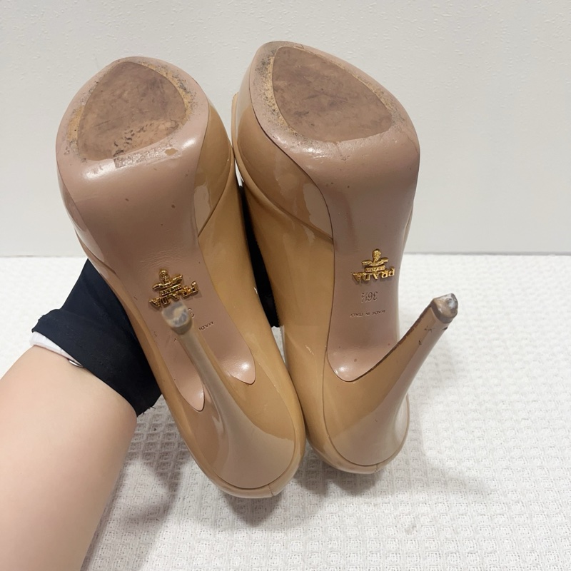 Prada/普拉達裸色漆皮魚嘴高跟鞋，尺寸36.5碼，防水台高2.5cm,鞋跟高12.5c-7