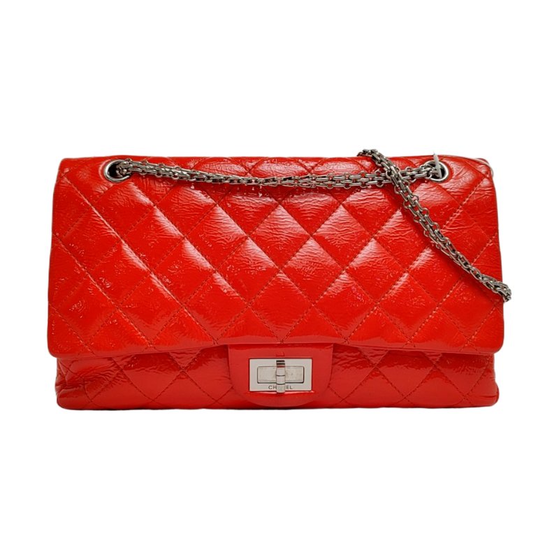 CHANEL 2.55紅色漆皮菱格紋絎縫單肩包斜挎包銀色五金14開-0