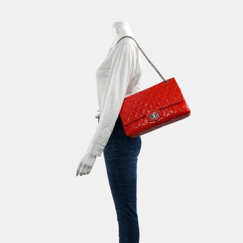 CHANEL 2.55紅色漆皮菱格紋絎縫單肩包斜挎包銀色五金14開-1