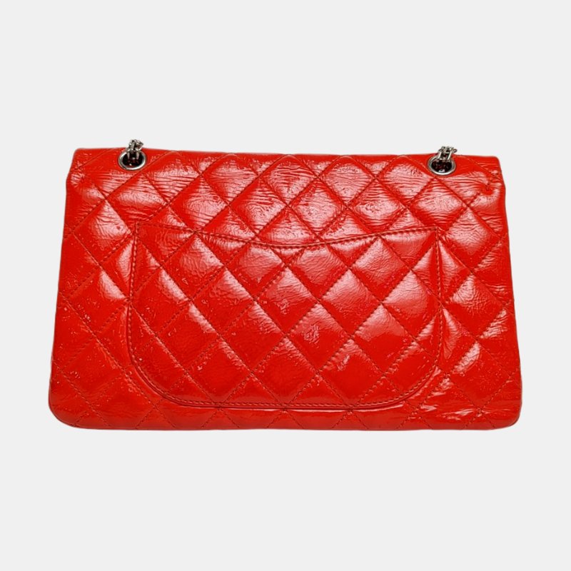 CHANEL 2.55紅色漆皮菱格紋絎縫單肩包斜挎包銀色五金14開-4