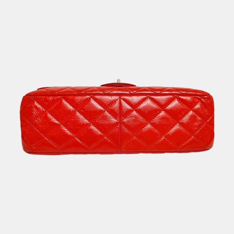 CHANEL 2.55紅色漆皮菱格紋絎縫單肩包斜挎包銀色五金14開-5