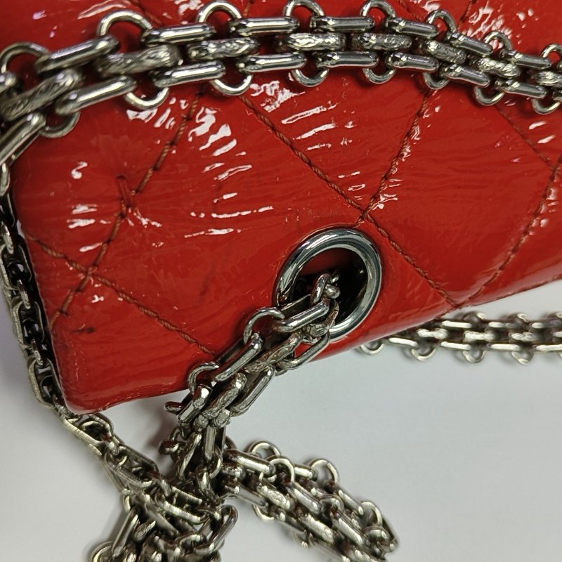 CHANEL 2.55紅色漆皮菱格紋絎縫單肩包斜挎包銀色五金14開-14