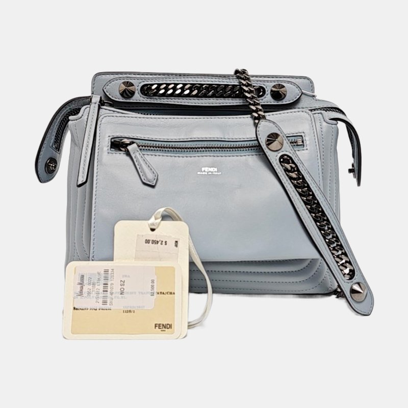 FENDI Dotcom淺藍色牛皮單肩包斜挎包黑色五金子袋9.8新-7