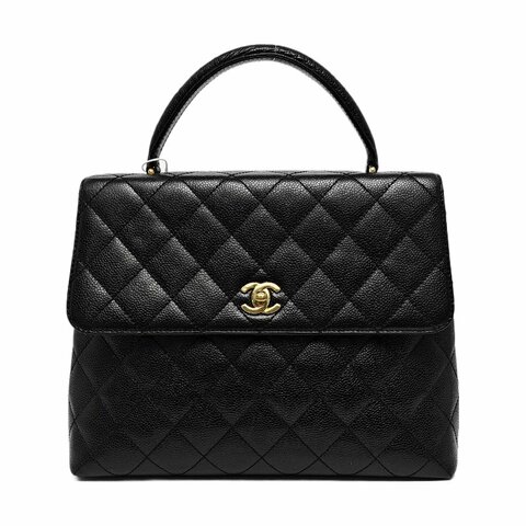 CHANEL VINTAGE KELLY黑色荔枝紋牛皮菱格紋絎縫手提包金色五金7開